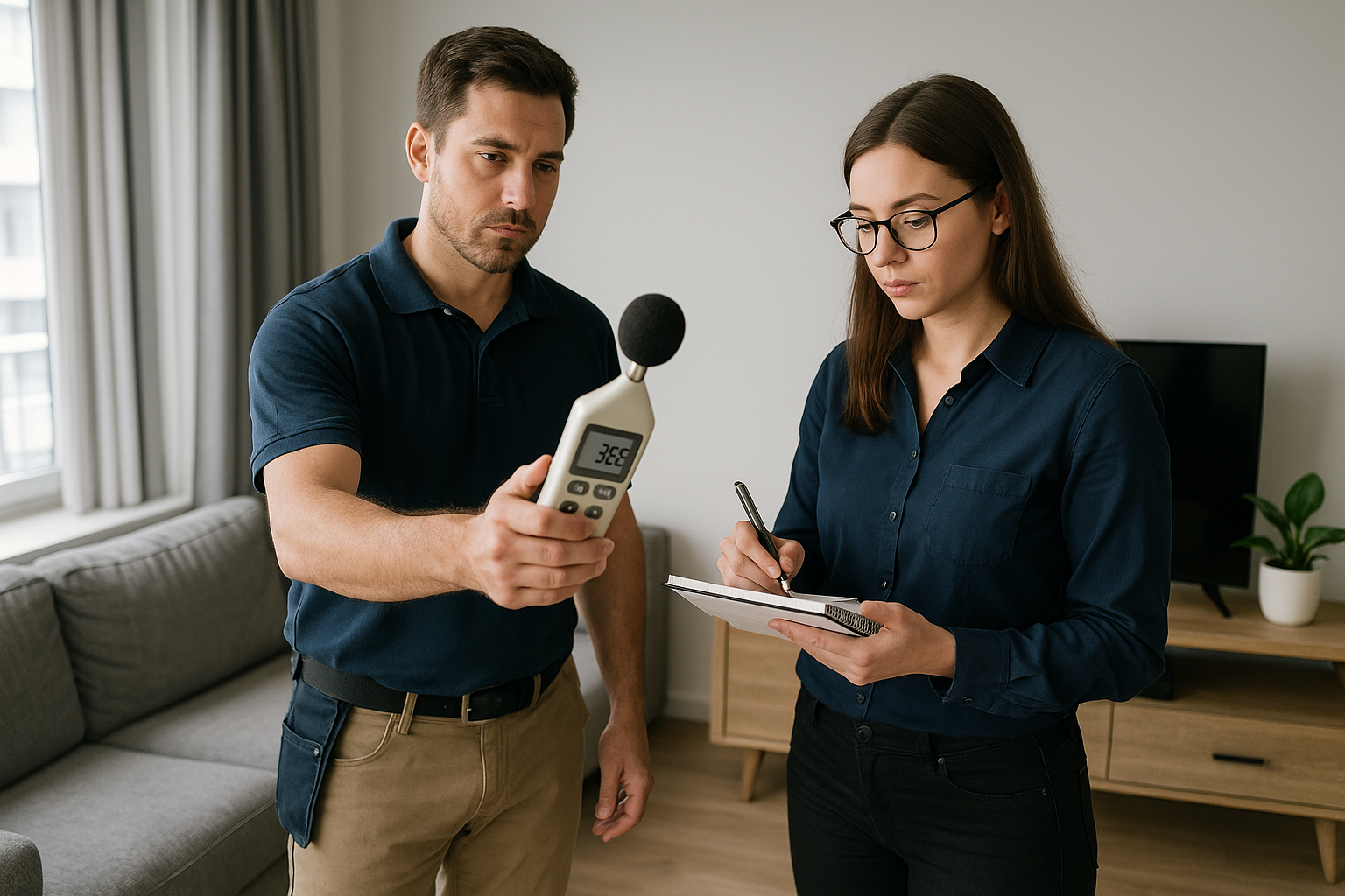 Photo of specialists measuring noise in an apartment
